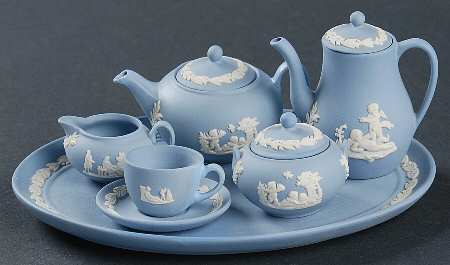 Cream Color on Lavender (Pale Blue) Jasperware 10 Piece Miniature Tea/Coffee Set