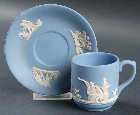 Cream Color on Lavender (Pale Blue) Jasperware Footed Demitasse Cup & Saucer Set