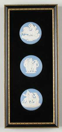 Cream Color on Lavender (Pale Blue) Jasperware Triple Plaque with Wood Frame