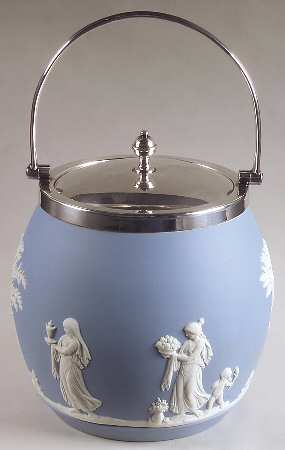 Cream Color on Lavender (Pale Blue) Jasperware Biscuit Barrel & Lid