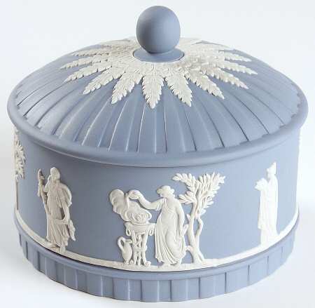 Cream Color on Lavender (Pale Blue) Jasperware Round Aphrodite Box with Lid