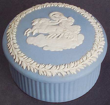 Cream Color on Lavender (Pale Blue) Jasperware 2" Round Fluted Box W/Lid