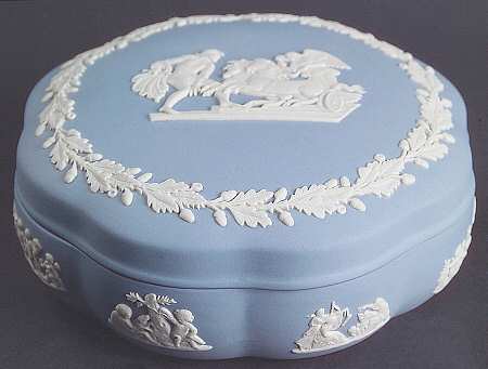 Cream Color on Lavender (Pale Blue) Jasperware Large Scalloped Candy Box & Lid