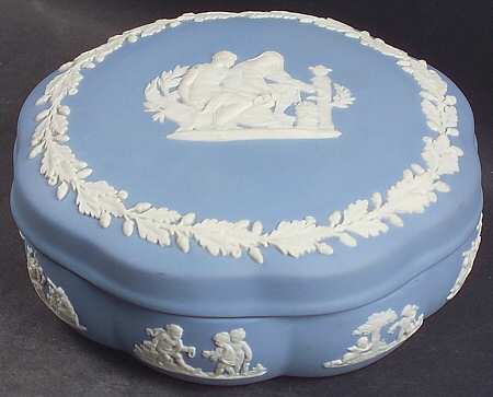 Cream Color on Lavender (Pale Blue) Jasperware Large Scalloped Candy Box & Lid