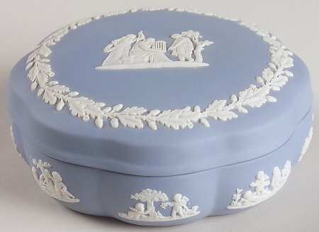 Cream Color on Lavender (Pale Blue) Jasperware Large Scalloped Candy Box & Lid by Wedgwood