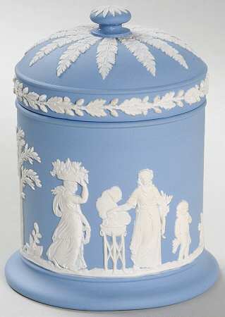 Cream Color on Lavender (Pale Blue) Jasperware Cigarette Jar & Lid