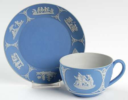 Cream Color on Lavender (Pale Blue) Jasperware Flat Cup & Saucer Set