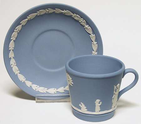 Cream Color on Lavender (Pale Blue) Jasperware Brewster Flat Cup & Saucer Set