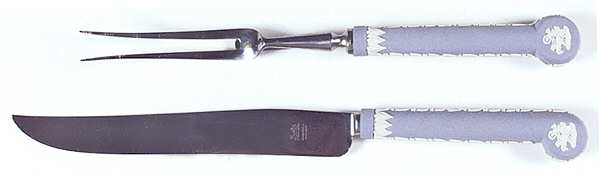 Cream Color on Lavender (Pale Blue) Jasperware Carving Set-2 Piece
