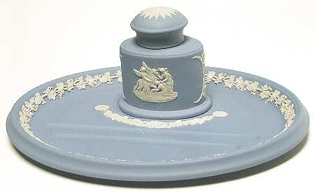 Cream Color on Lavender (Pale Blue) Jasperware Ink Pot with Lid and Ink Underplate by Wedgwood