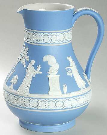 Cream Color on Lavender (Pale Blue) Jasperware 7" Etruscan Jug