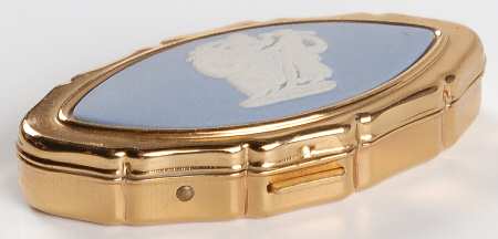 Cream Color on Lavender (Pale Blue) Jasperware Hinged Pill Box W/Plastic Tong