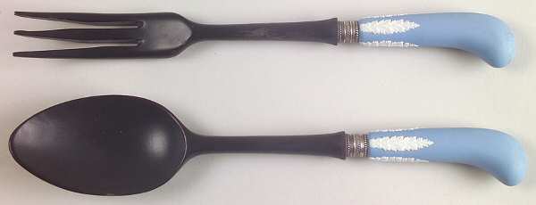Cream Color on Lavender (Pale Blue) Jasperware 2-Piece Wood/Ceramic Salad Set