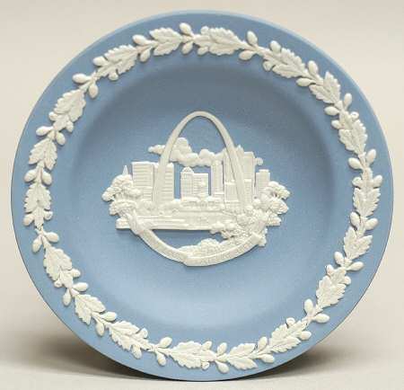 Cream Color on Lavender (Pale Blue) Jasperware Round Landmark Tray