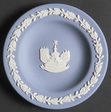Cream Color on Lavender (Pale Blue) Jasperware Round Landmark Tray by Wedgwood