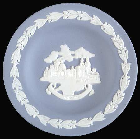 Cream Color on Lavender (Pale Blue) Jasperware Round Landmark Tray by Wedgwood