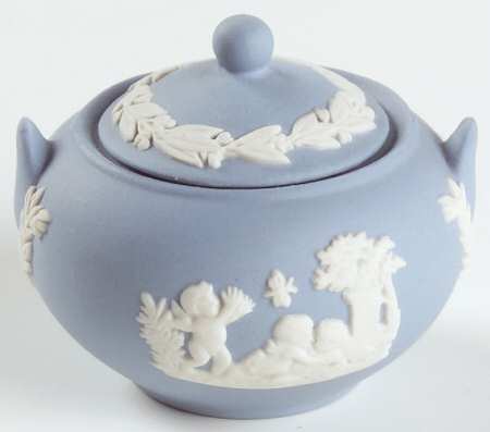 Cream Color on Lavender (Pale Blue) Jasperware Miniature Sugar Bowl & Lid by Wedgwood