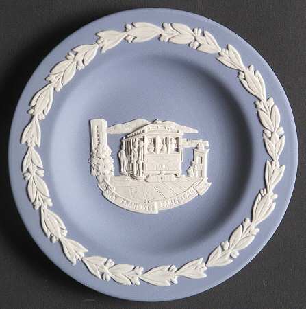 Cream Color on Lavender (Pale Blue) Jasperware Round Landmark Tray
