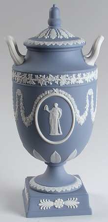 Cream Color on Lavender (Pale Blue) Jasperware 12" Vase/Urn & Llid