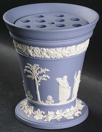 Cream Color on Lavender (Pale Blue) Jasperware Large Frog Vase with Grid