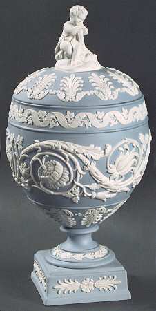 Cream Color on Lavender (Pale Blue) Jasperware Arabesque Vase with Lid