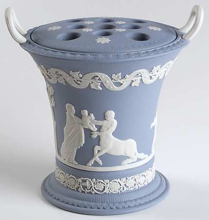 Cream Color on Lavender (Pale Blue) Jasperware 6" Handled Vase W/Grid/Frog