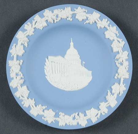 Cream Color on Lavender (Pale Blue) Jasperware Round Landmark Tray