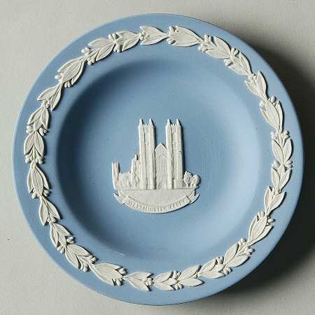 Cream Color on Lavender (Pale Blue) Jasperware Round Landmark Tray