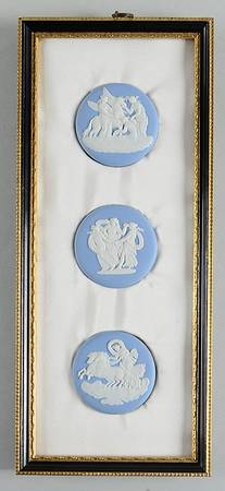 Cream Color on Lavender (Pale Blue) Jasperware Triple Plaque w/Wood Frame
