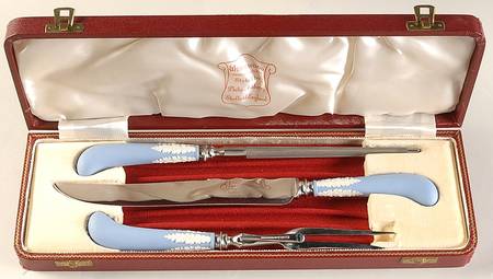 Cream Color on Lavender (Pale Blue) Jasperware Carving Set-Three Piece