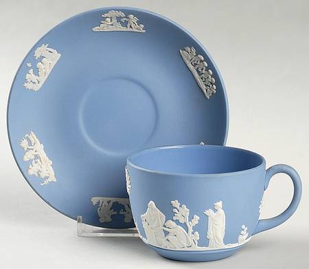 Cream Color on Lavender (Pale Blue) Jasperware Flat Cup & Saucer Set