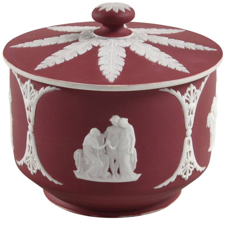 Cream Color on Crimson Jasperware 4" Round Bon Bon & Lid