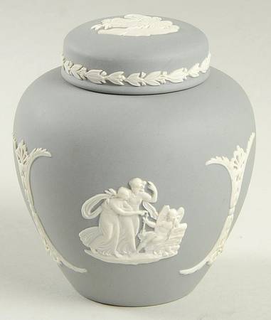 Cream Color on Grey Jasperware Small Ginger Jar & Lid