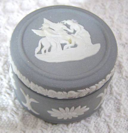 Cream Color on Grey Jasperware Miniature Round Box