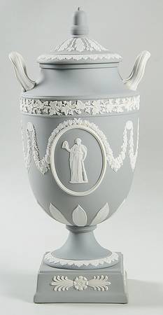 Cream Color on Grey Jasperware 12" Vase/Urn & Llid