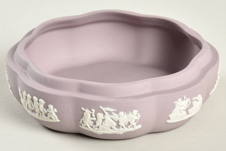 Cream Color on Lilac Jasperware Large Scalloped Candy Box-No Lid