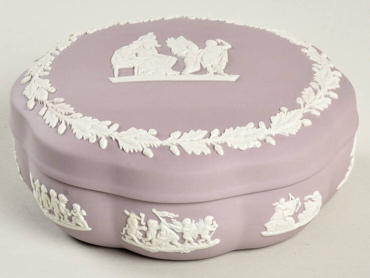 Cream Color on Lilac Jasperware Large Scalloped Candy Box & Lid