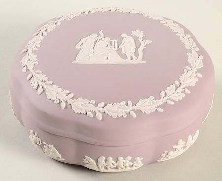 Cream Color on Lilac Jasperware Large Scalloped Candy Box & Lid