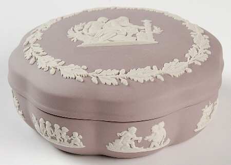 Cream Color on Lilac Jasperware Large Scalloped Candy Box & Lid