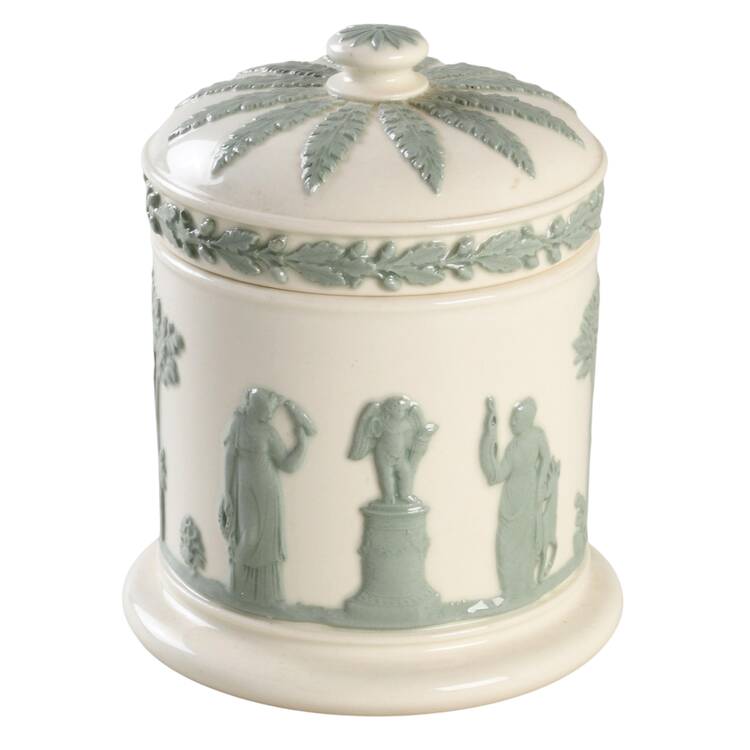 Celadon on Cream Color Jasperware Olympus Jar & Lid
