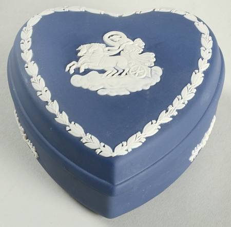 Cream Color on Portland Blue Jasperware Small Heart Shape Box & Lid