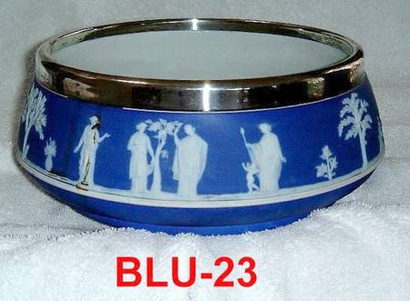Cream Color on Portland Blue Jasperware 8" Salad Serving Bowl W/Metal Rim