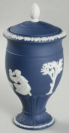 Cream Color on Portland Blue Jasperware Vase/Urn & Lid