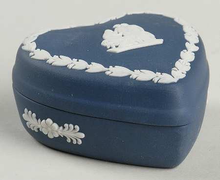 Cream Color on Portland Blue Jasperware Small Heart Shape Box & Lid