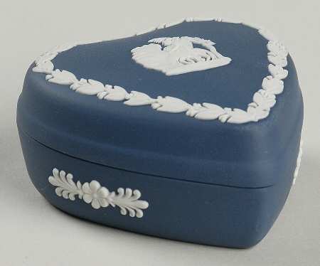 Cream Color on Portland Blue Jasperware Small Heart Shape Box & Lid