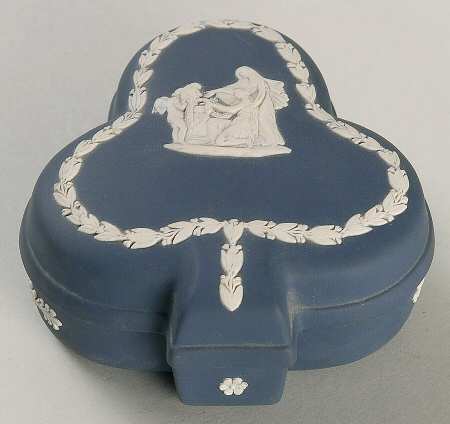 Cream Color on Portland Blue Jasperware Large Club Shaped Box & Lid
