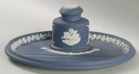 Cream Color on Portland Blue Jasperware Ink Pot with Lid and Ink Underplate