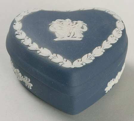 Cream Color on Portland Blue Jasperware Small Heart Shape Box & Lid