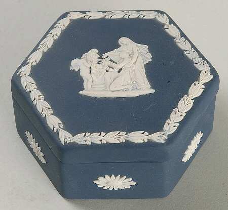 Cream Color on Portland Blue Jasperware Hexagonal Box with Lid