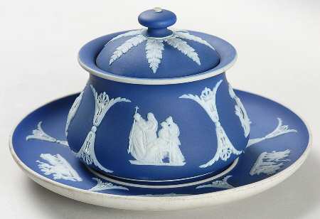 Cream Color on Portland Blue Jasperware Ink Well & Lid with Underplate
